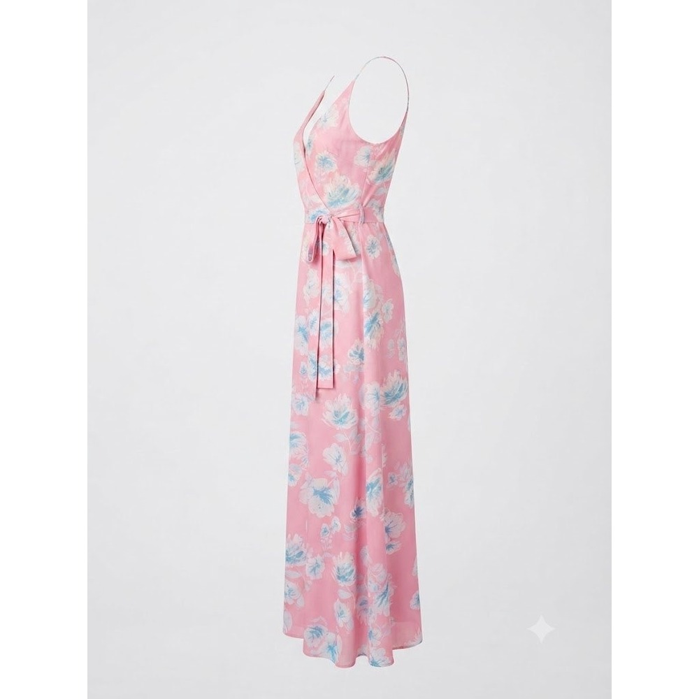 Layf Pink Floral Maxi Wrap Dress Soft Romantic Boho Chic Whimsical Size M